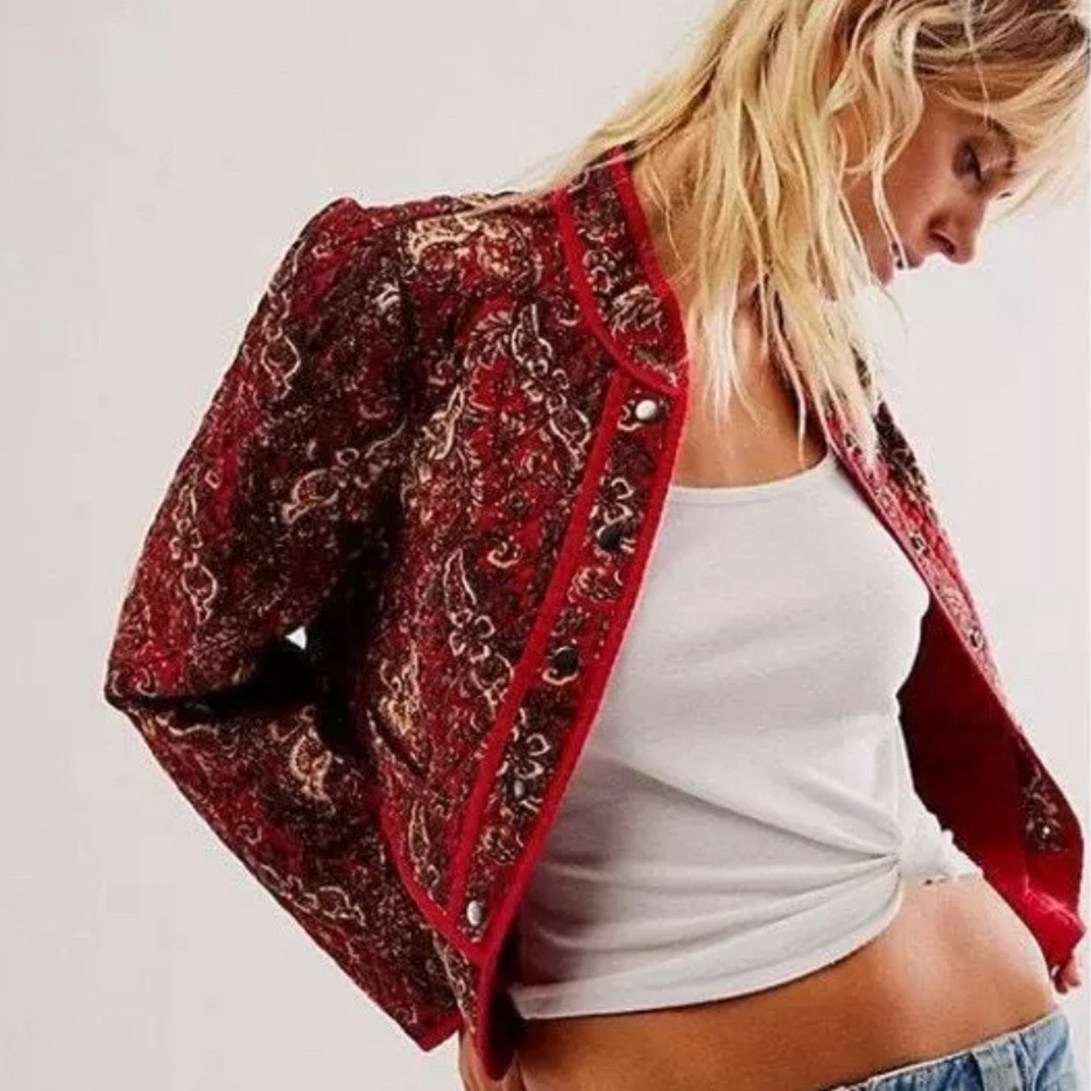 Free People Zoey Quilted Jacket in Cherry Combo